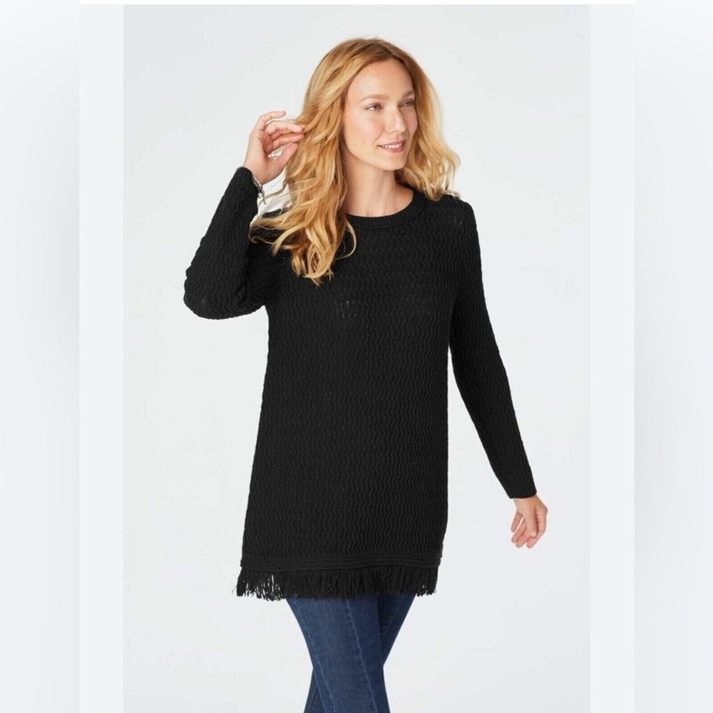 J Jill open weave textured tunic sweater with fringe